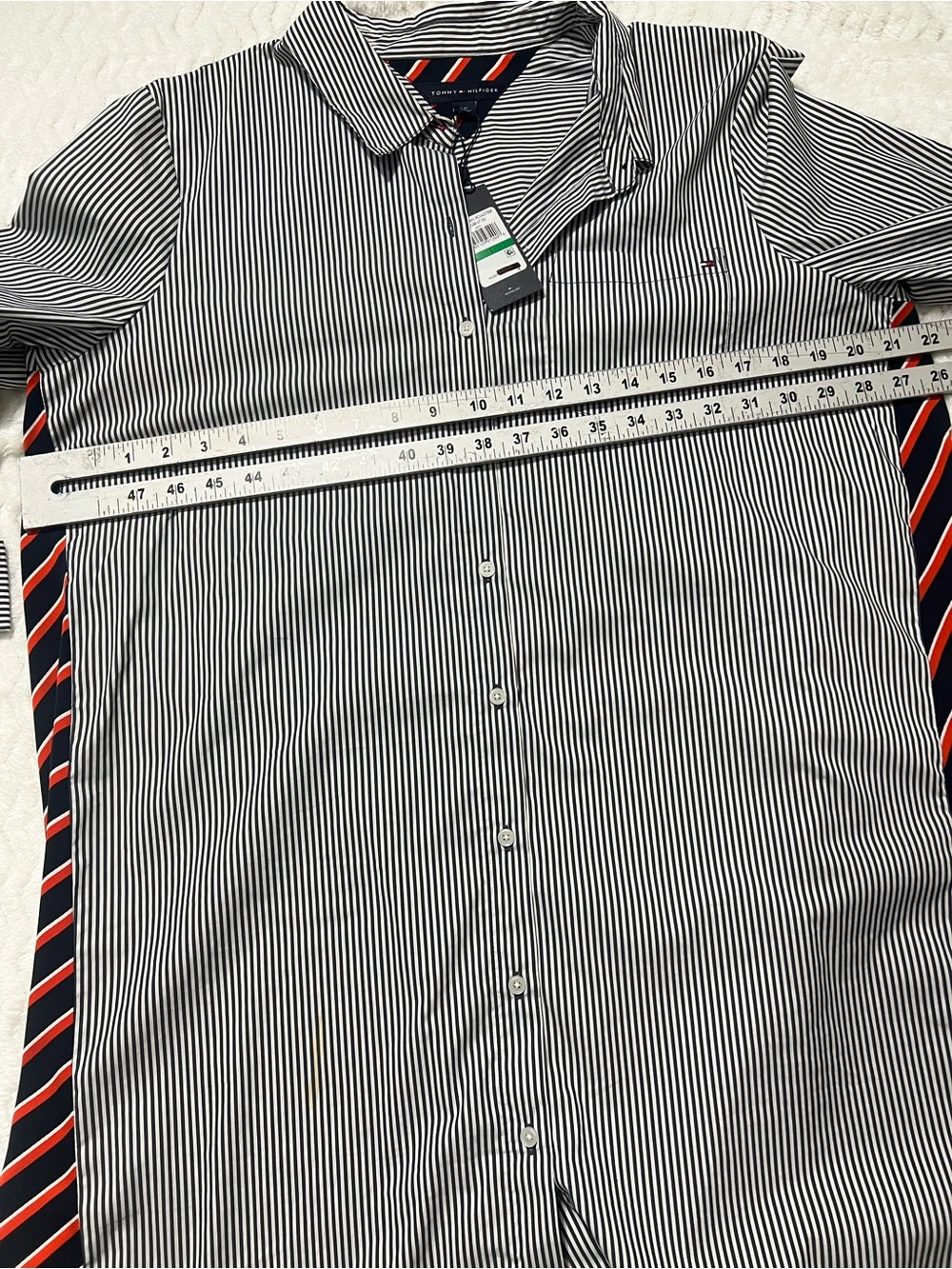 Tommy Hilfiger dress Navy and White Striped Long-Sleeve Button-Up with Red Trim